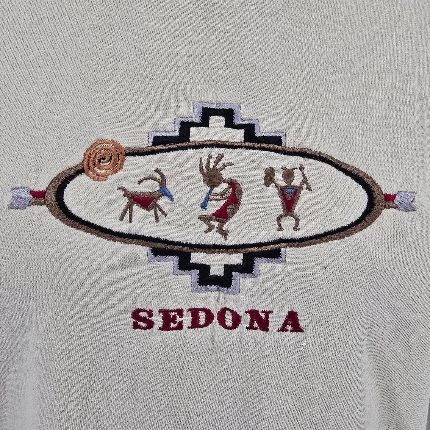 Vintage 1990s P.S.I. Beige Embroidered Sedona Kokopelli Graphic T-Shirt (M)