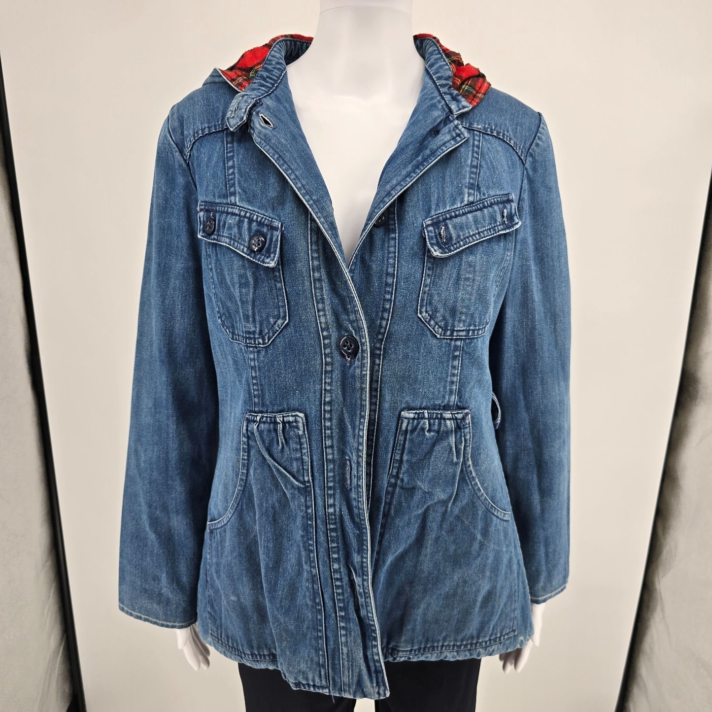 Vintage Late 1970s Mulberry Street Tartan Lined Hooded Denim Utility Jacket (M)