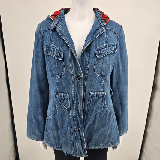 Vintage Late 1970s Mulberry Street Tartan Lined Hooded Denim Utility Jacket (M)