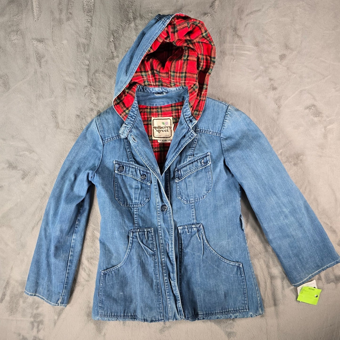 Vintage Late 1970s Mulberry Street Tartan Lined Hooded Denim Utility Jacket (M)