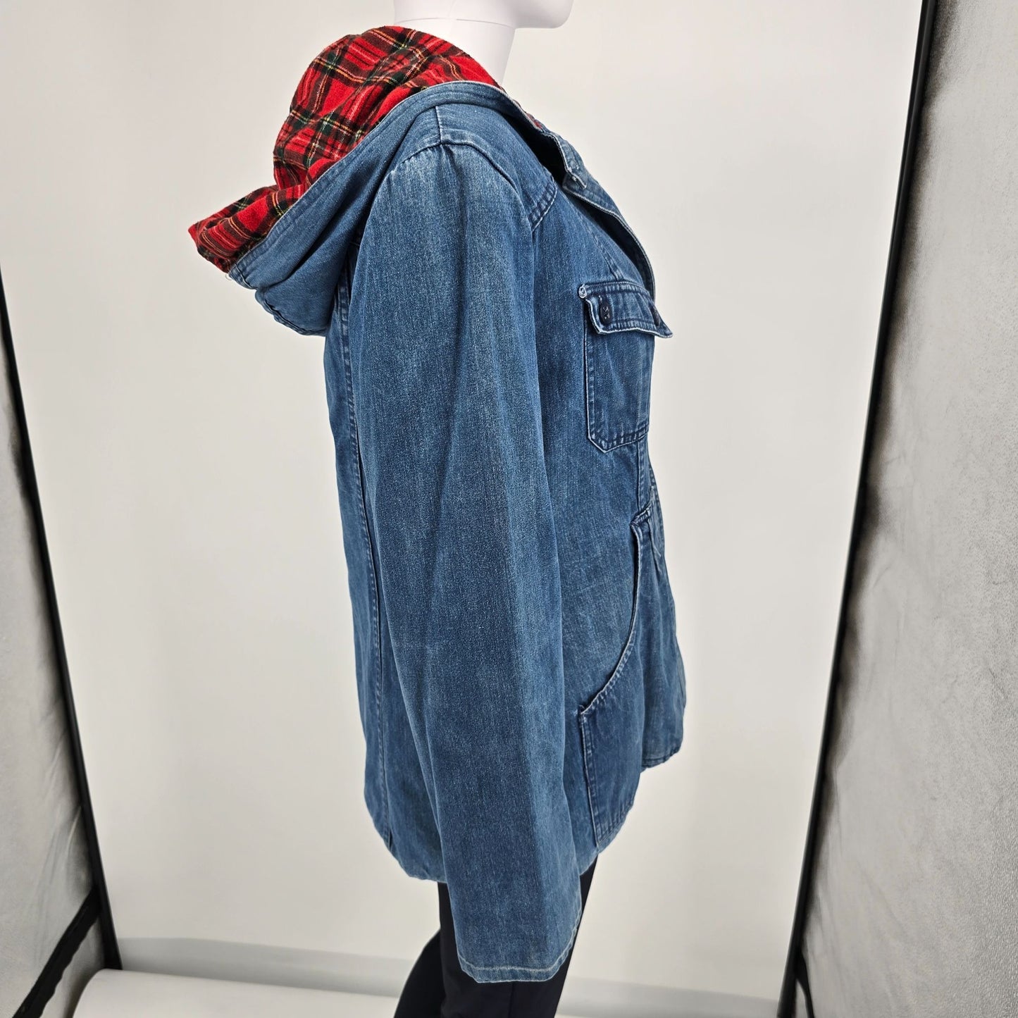 Vintage Late 1970s Mulberry Street Tartan Lined Hooded Denim Utility Jacket (M)