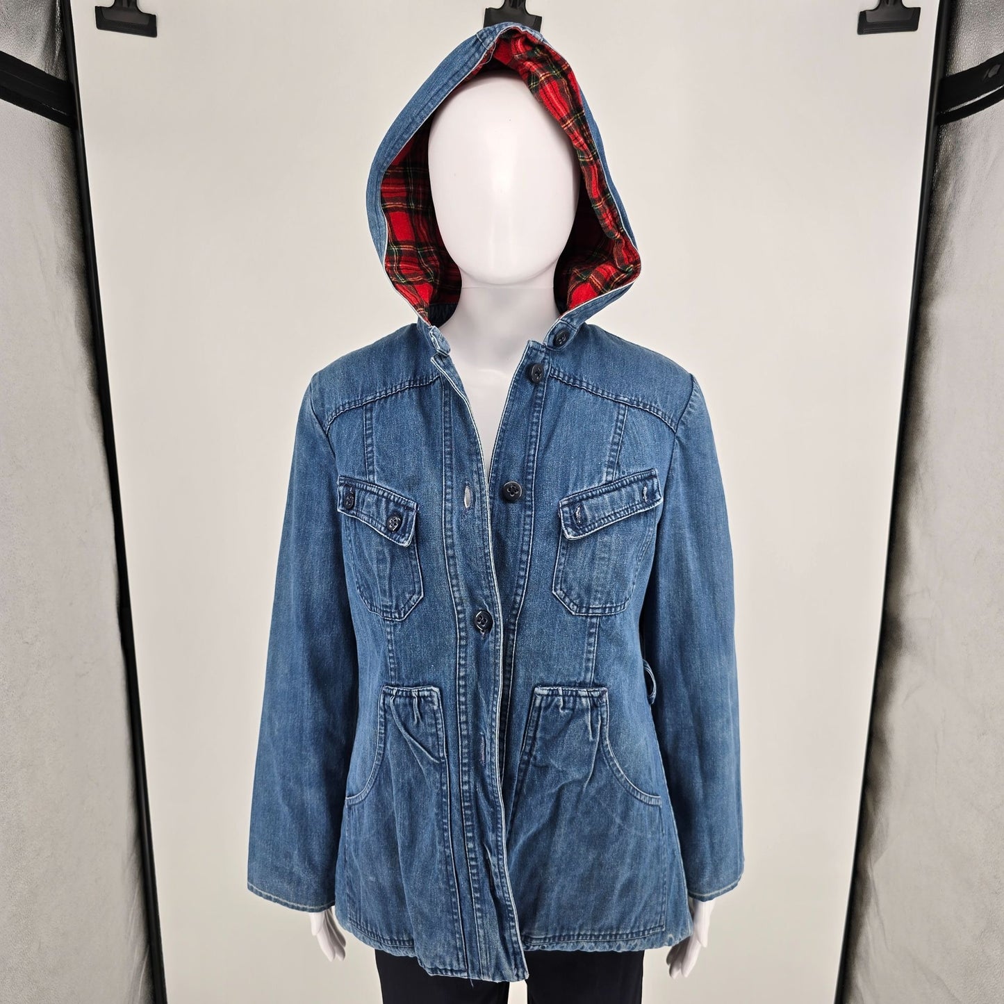 Vintage Late 1970s Mulberry Street Tartan Lined Hooded Denim Utility Jacket (M)
