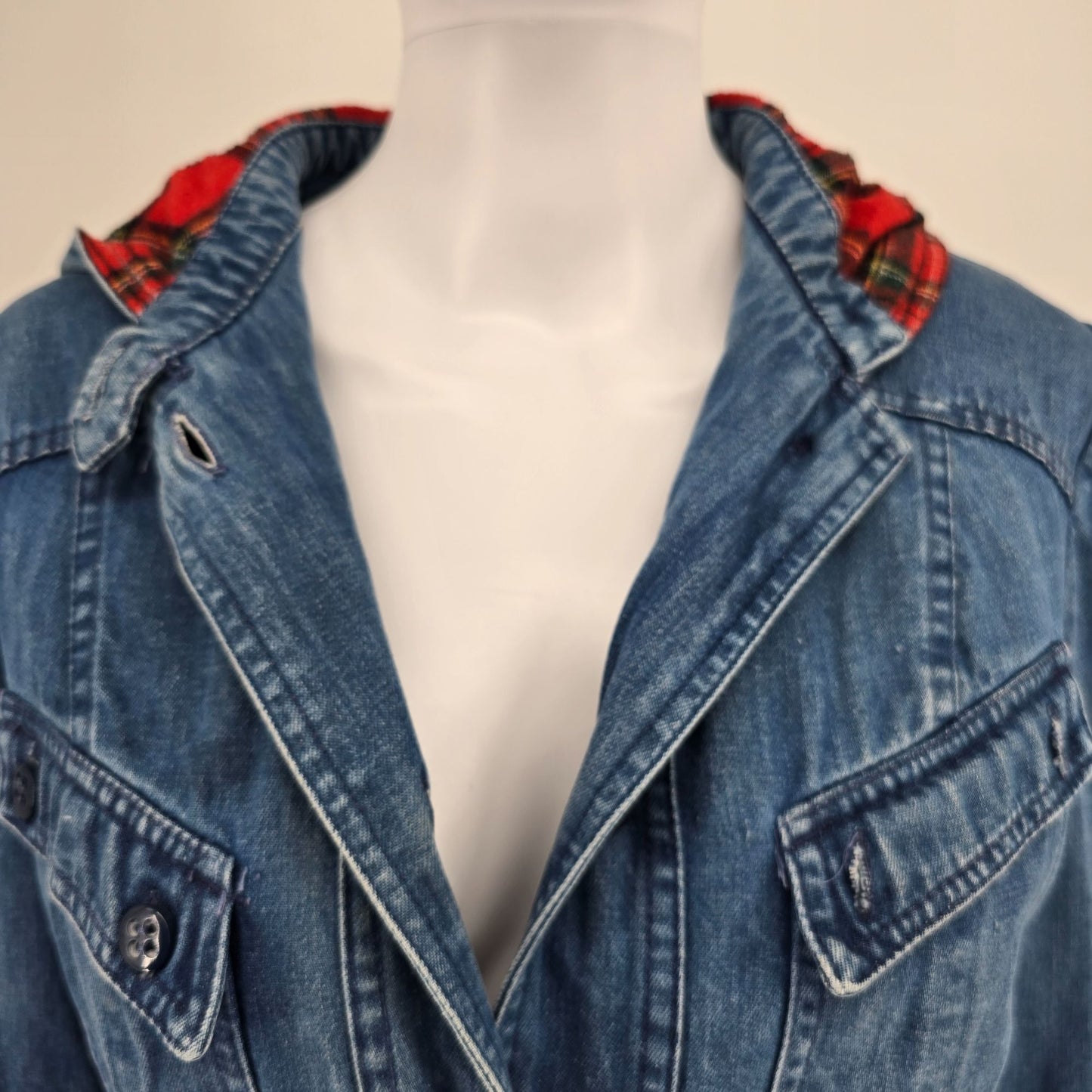 Vintage Late 1970s Mulberry Street Tartan Lined Hooded Denim Utility Jacket (M)