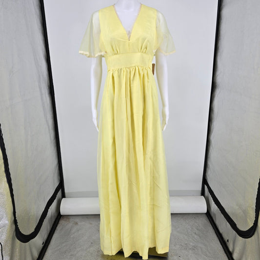Vintage 1970s Pale Yellow Empire Waist Flutter Sleeve Maxi Dress (Size 6/S)