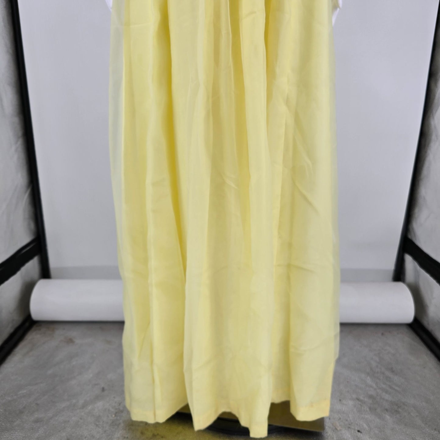 Vintage 1970s Pale Yellow Empire Waist Flutter Sleeve Maxi Dress (Size 6/S)