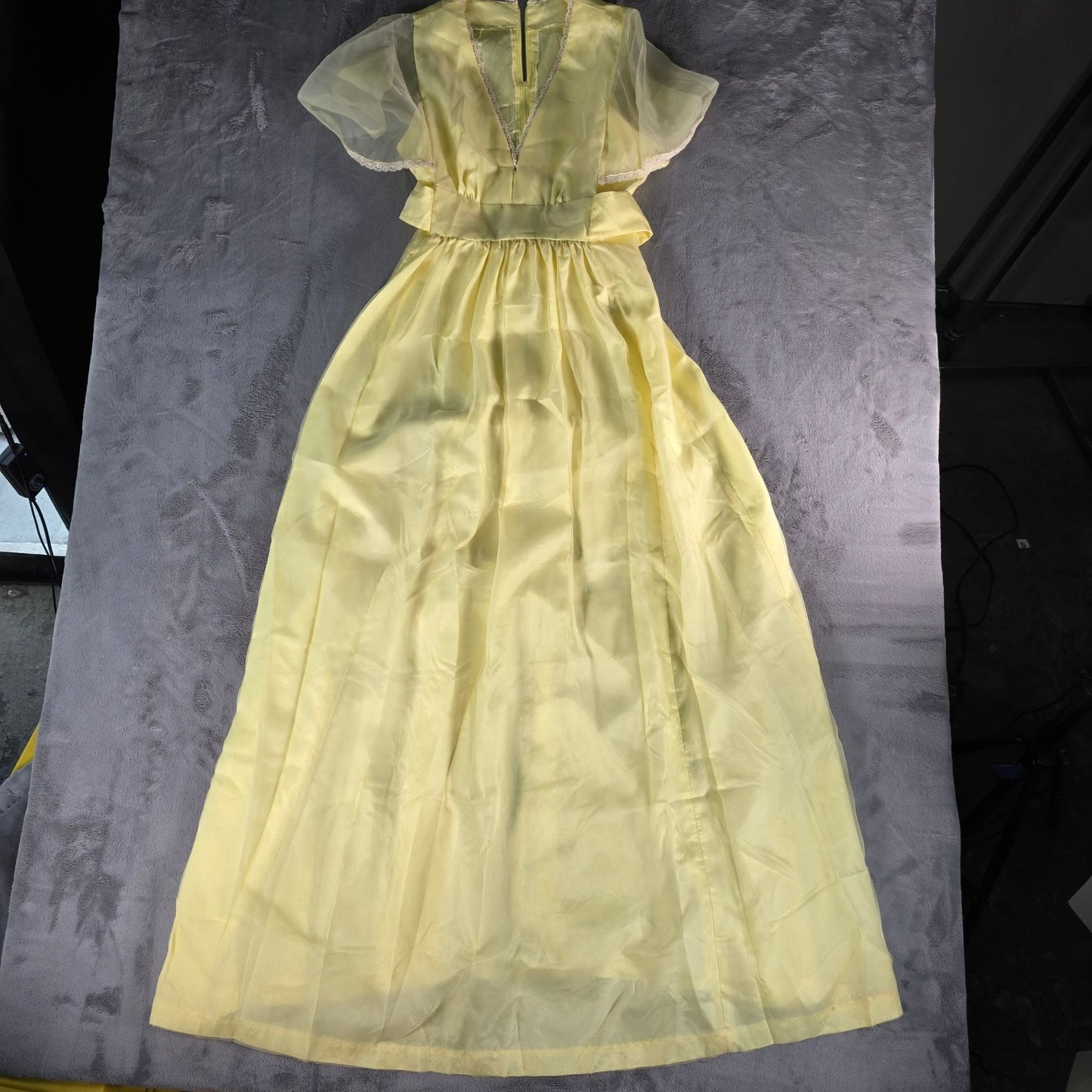 Vintage 1970s Pale Yellow Empire Waist Flutter Sleeve Maxi Dress (Size 6/S)