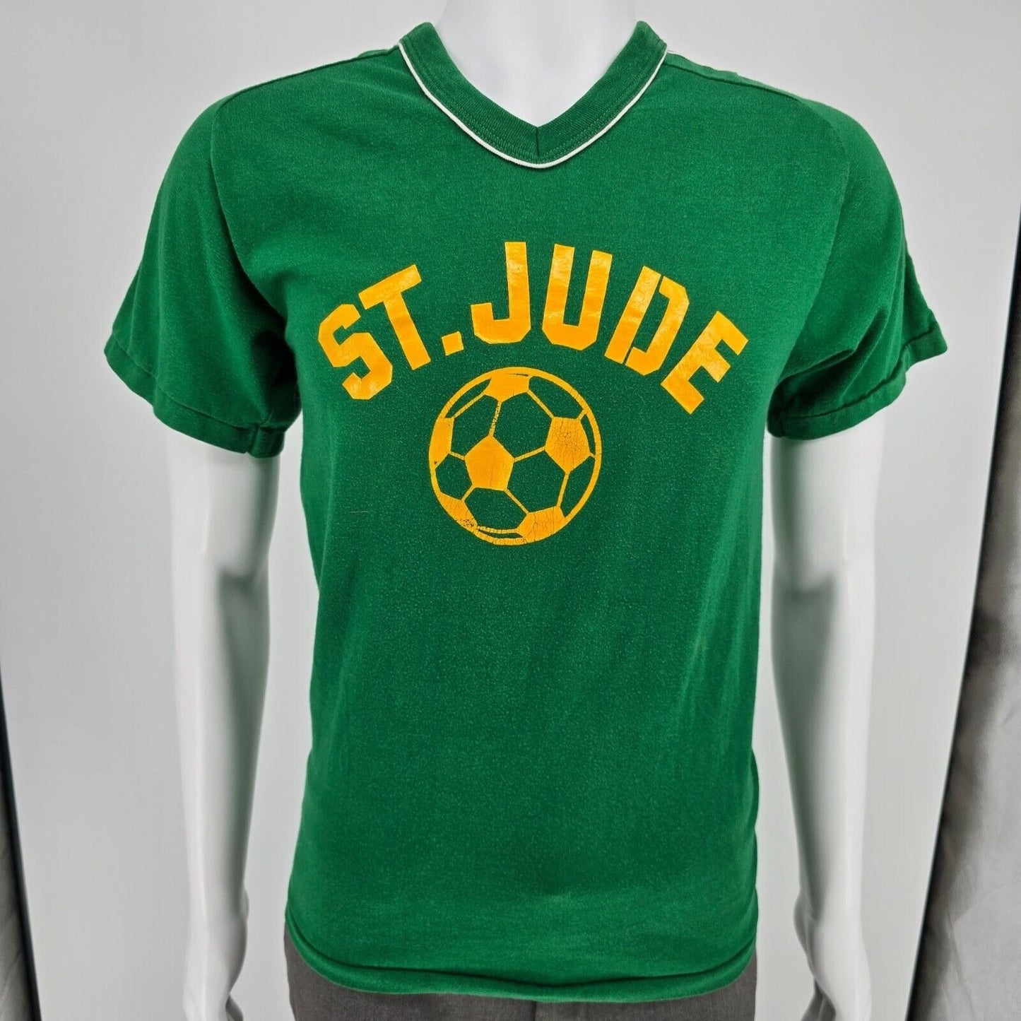 Vintage 1970s Russell Athletic St. Jude Soccer #3 Green/Gold Jersey T-Shirt (S)