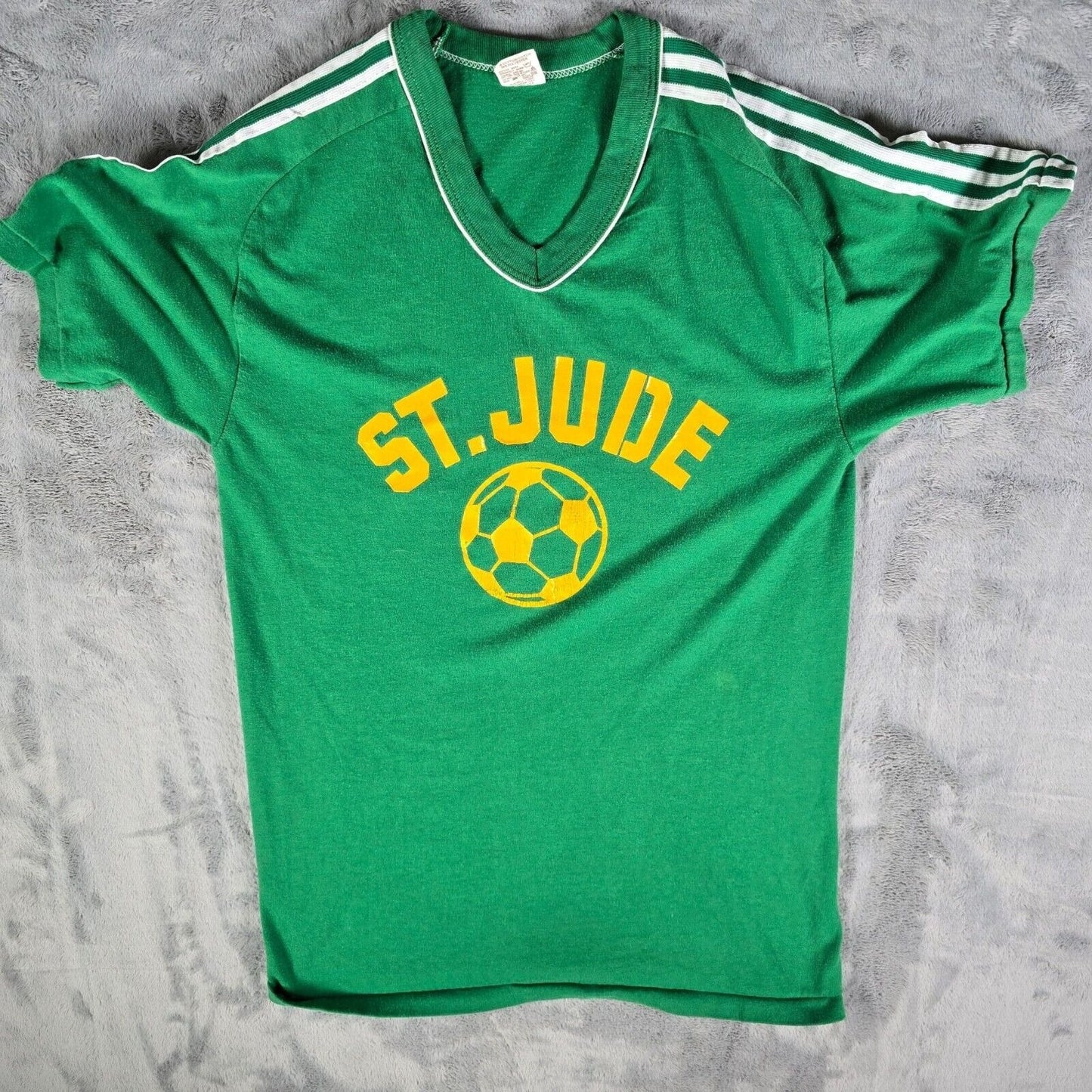 Vintage 1970s Russell Athletic St. Jude Soccer #3 Green/Gold Jersey T-Shirt (S)