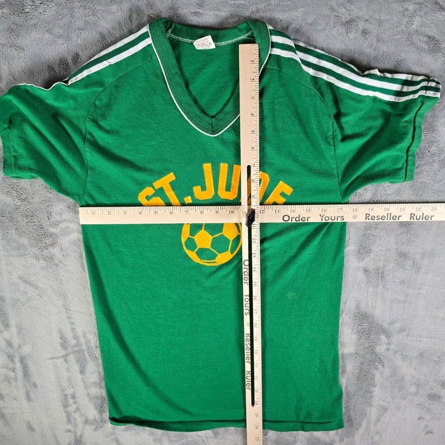 Vintage 1970s Russell Athletic St. Jude Soccer #3 Green/Gold Jersey T-Shirt (S)
