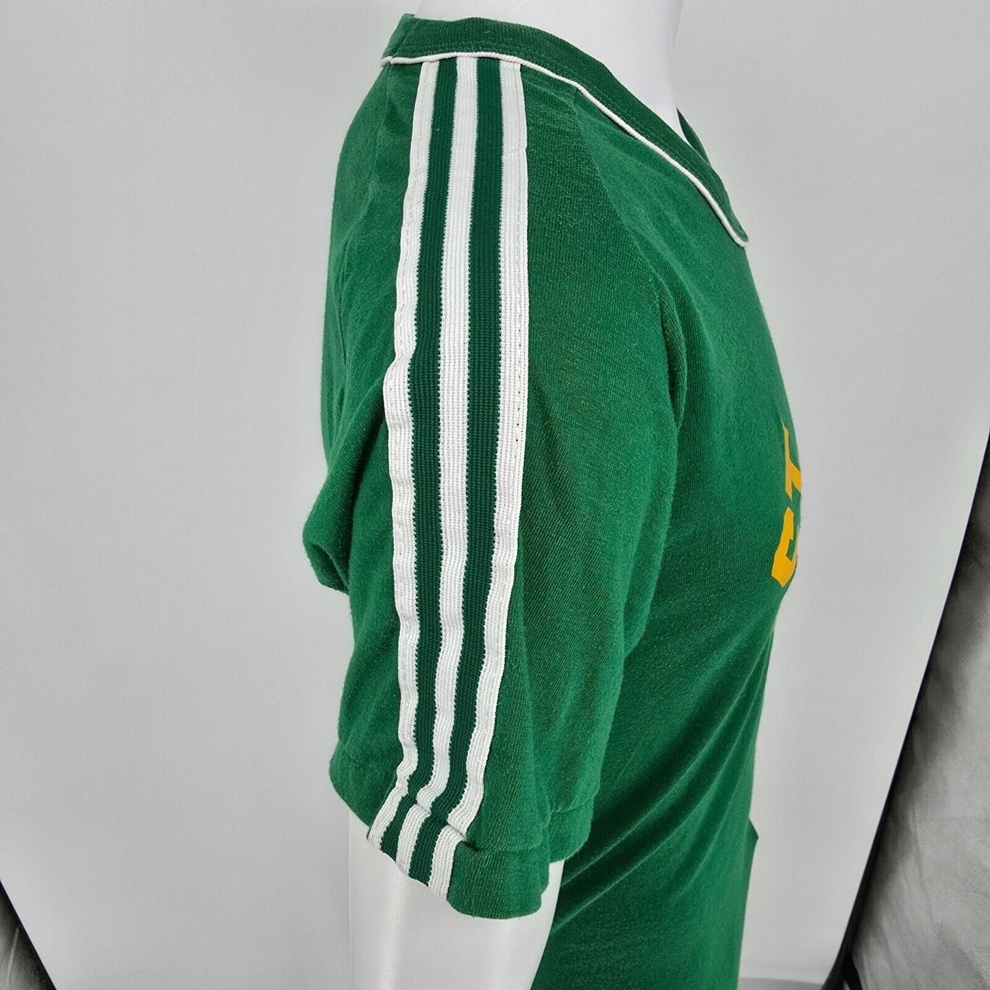 Vintage 1970s Russell Athletic St. Jude Soccer #3 Green/Gold Jersey T-Shirt (S)