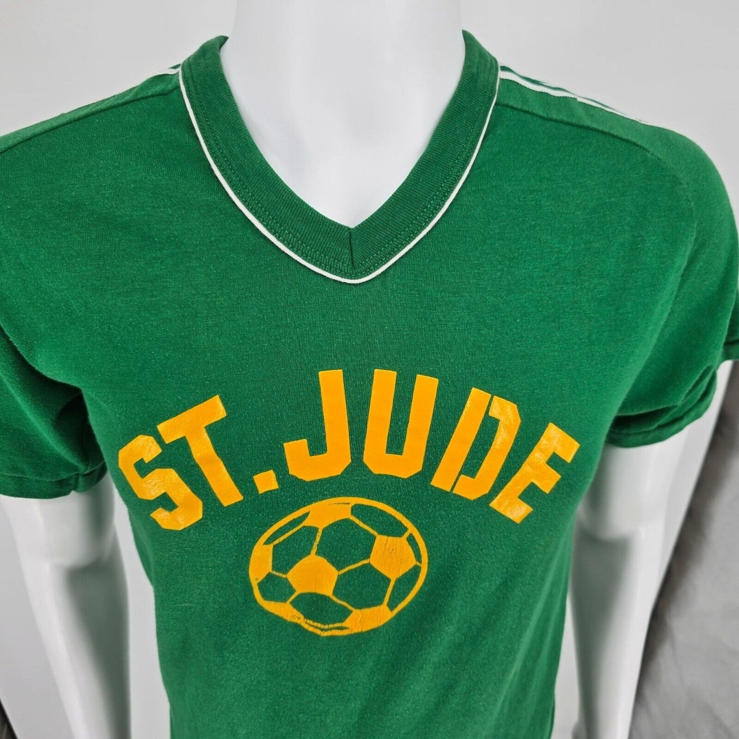 Vintage 1970s Russell Athletic St. Jude Soccer #3 Green/Gold Jersey T-Shirt (S)