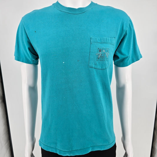 Distressed Vintage 1990s Hanes Faded Tribal Graphic Teal Pocket Tee T-Shirt (M)