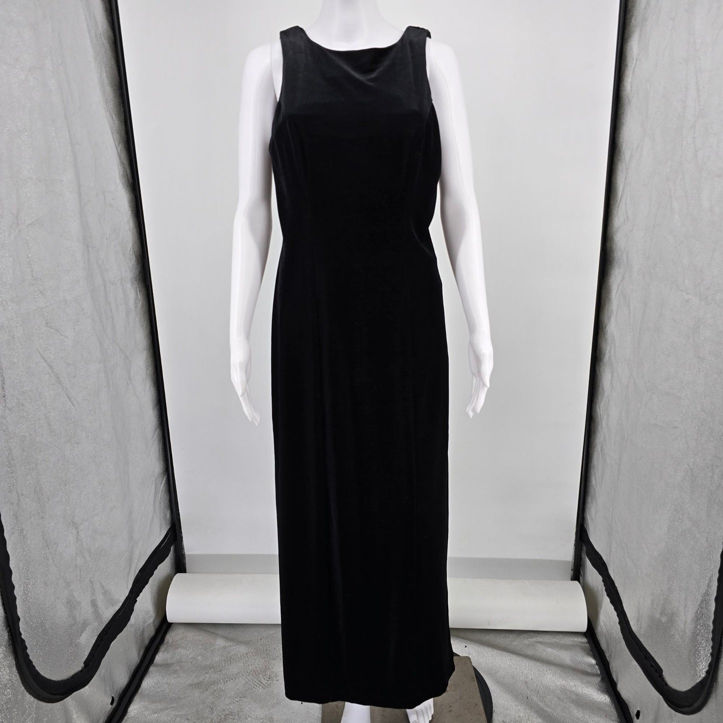 Vintage 1990s All That Jazz Black Stretch Velvet Sleeveless Cowl Back Dress (S)