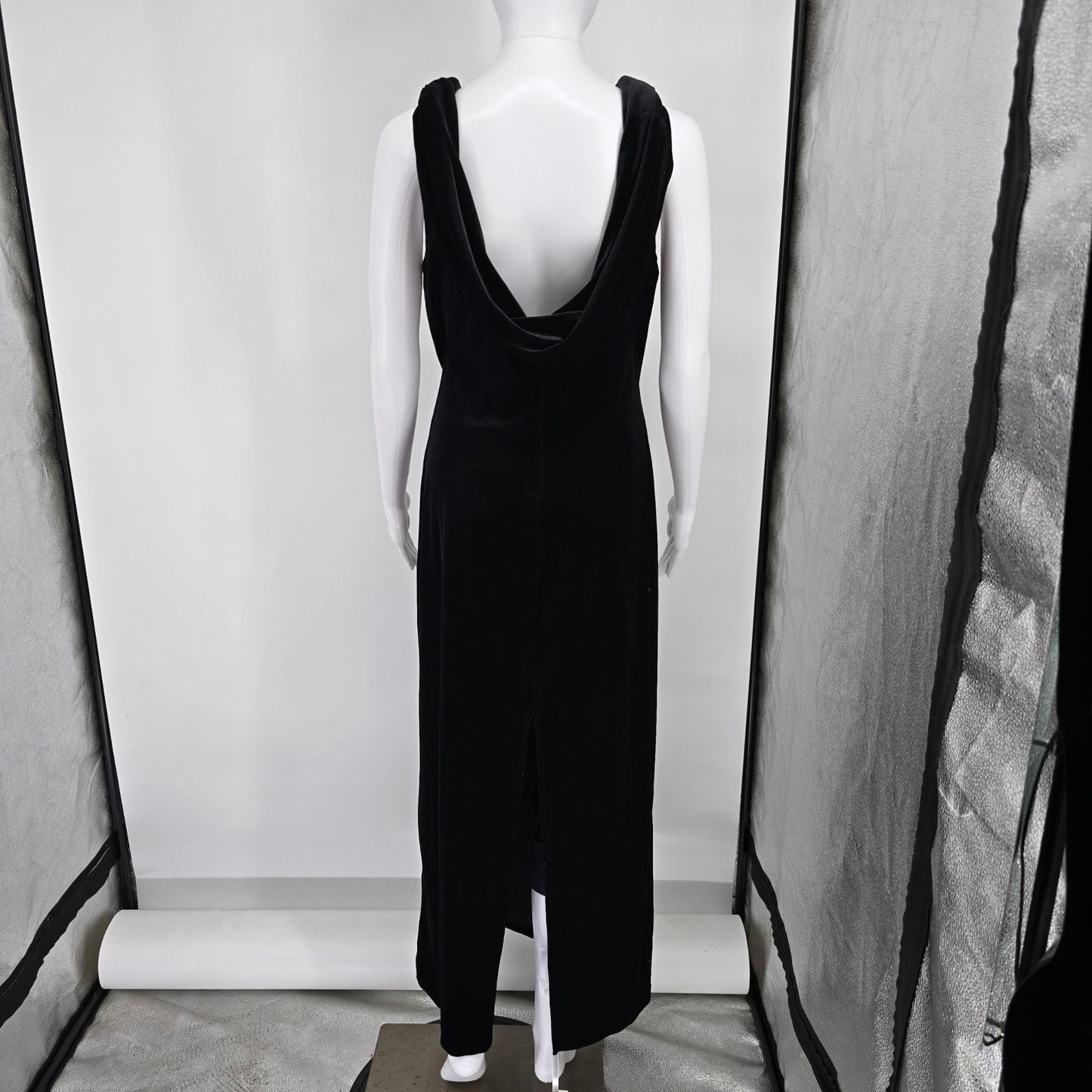Vintage 1990s All That Jazz Black Stretch Velvet Sleeveless Cowl Back Dress (S)