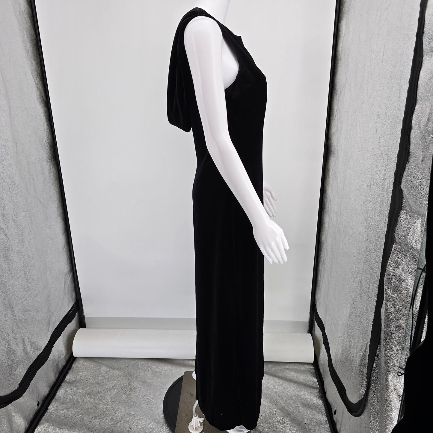 Vintage 1990s All That Jazz Black Stretch Velvet Sleeveless Cowl Back Dress (S)