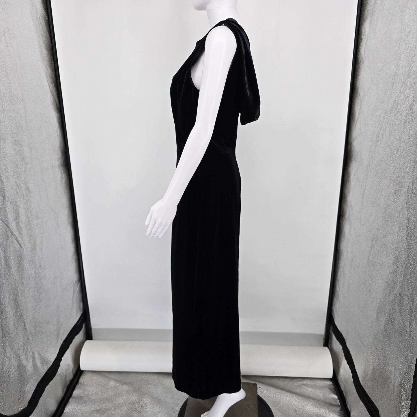 Vintage 1990s All That Jazz Black Stretch Velvet Sleeveless Cowl Back Dress (S)