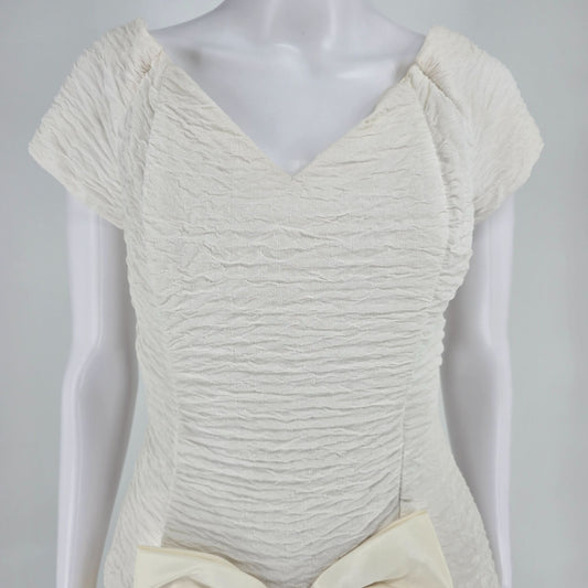 Vintage 1980s Nuance Ivory Ruched Bow Front High Low Tiered Prom/Pary Dress (XS)