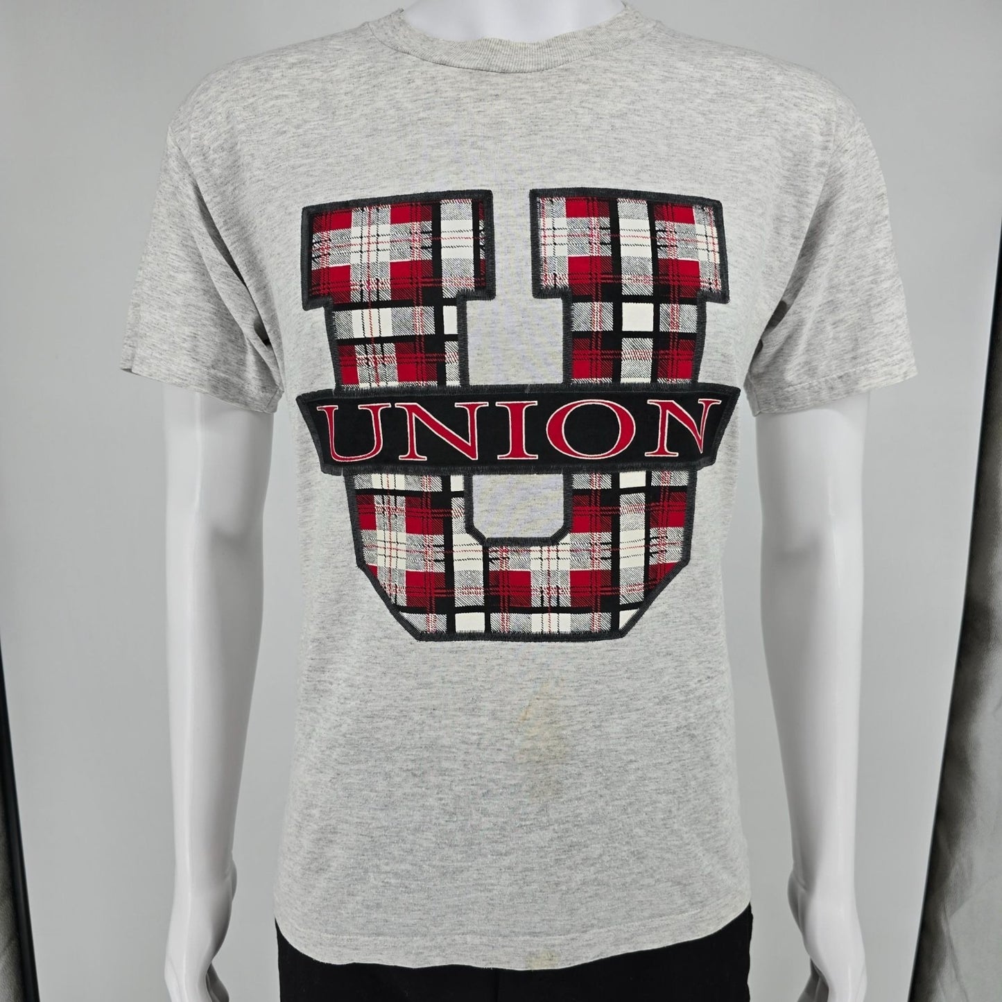 Vintage 1990s Jerzees Activewear Union U Plaid Logo Graphic T-Shirt (M) *Stains