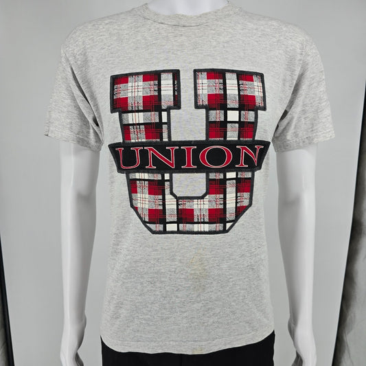 Vintage 1990s Jerzees Activewear Union U Plaid Logo Graphic T-Shirt (M) *Stains