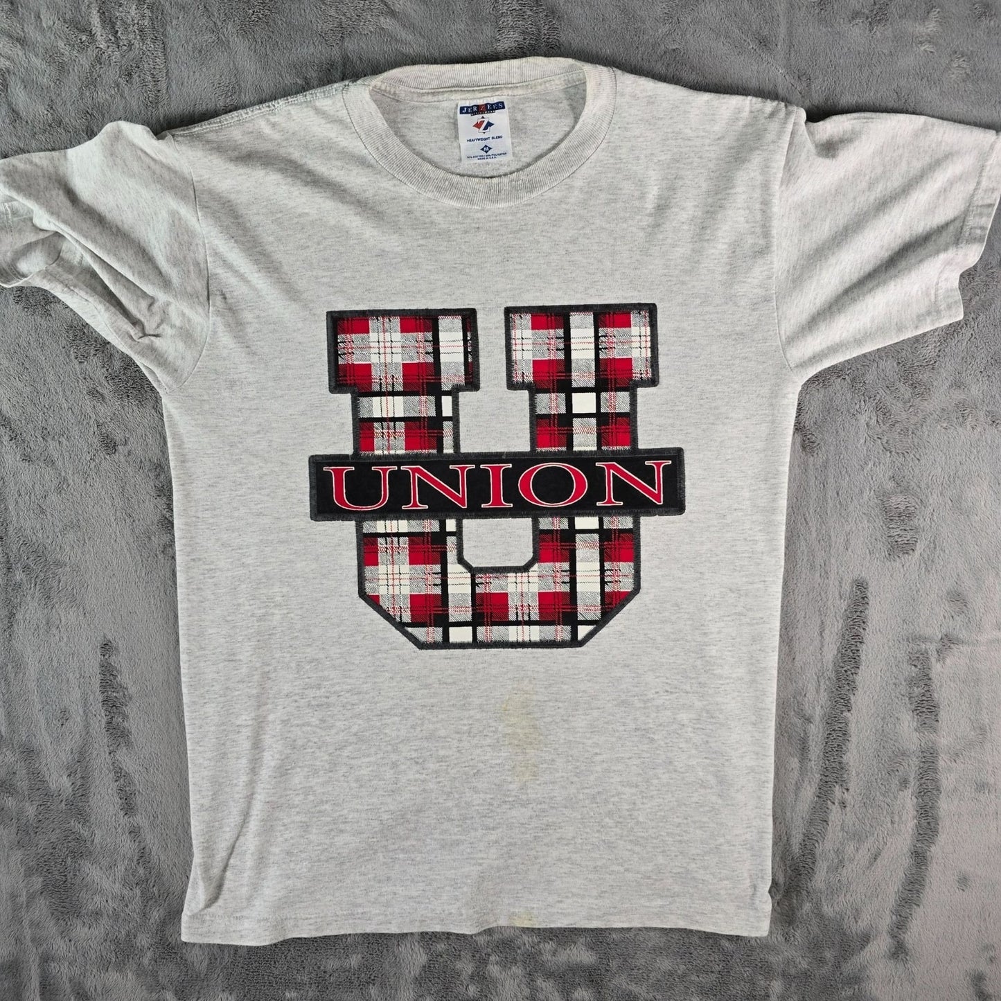 Vintage 1990s Jerzees Activewear Union U Plaid Logo Graphic T-Shirt (M) *Stains