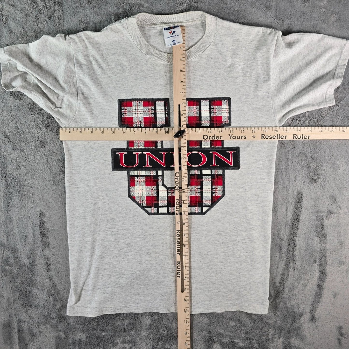 Vintage 1990s Jerzees Activewear Union U Plaid Logo Graphic T-Shirt (M) *Stains