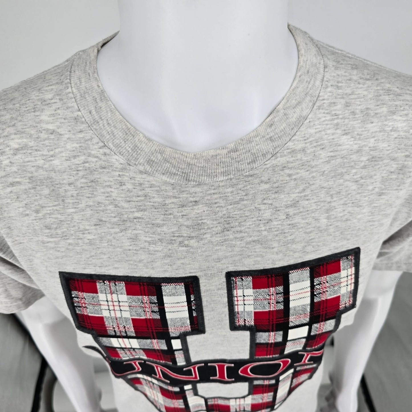 Vintage 1990s Jerzees Activewear Union U Plaid Logo Graphic T-Shirt (M) *Stains