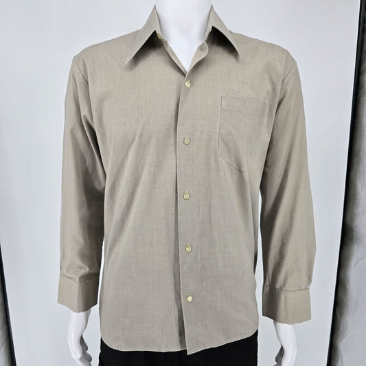 Vintage 1970s Taupe Wide Collar French Cuff Long Sleeve Pocket Dress Shirt (L)