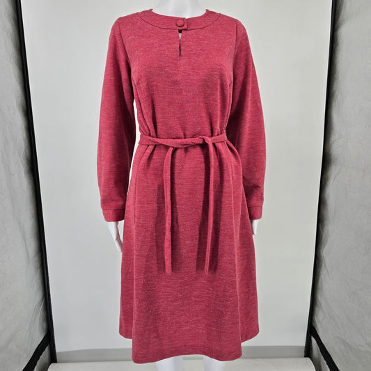 Vintage Early 1970s Rose Heather Belted A-Line Knit Mod Dress (Size 14/L)
