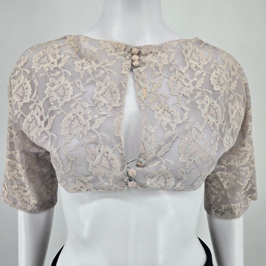 Distressed Vintage 1960s Lace Crop Covered Button Bridal Shrug Top (Small) *Fair