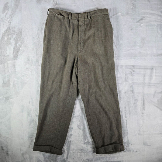 Vintage Late 1950s Hickey Freeman Green Herringbone Twill Wool Trousers (31x26)