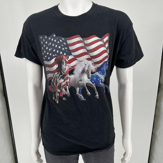 2010s Gildan Heavy Cotton Patriotic Horse & Flag Black Graphic T-Shirt (L)