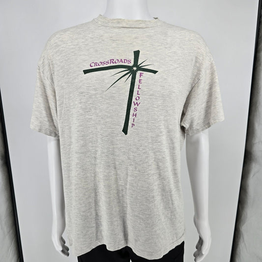 Yellowed Vintage 1990s Hanes Crossroads Fellowship Jeremiah 6:23 T-Shirt (XL)