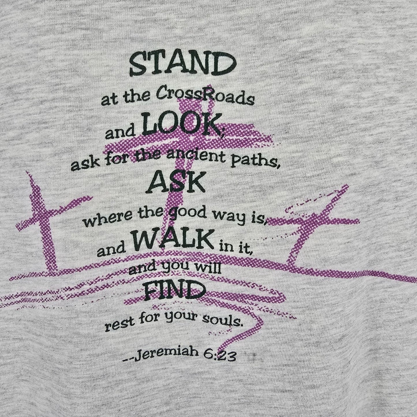 Yellowed Vintage 1990s Hanes Crossroads Fellowship Jeremiah 6:23 T-Shirt (XL)