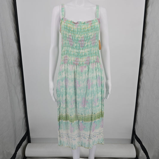 2000s Lati Fashion Pastel Watercolor Smocked Drop Waist Midi Boho Sundress (L)