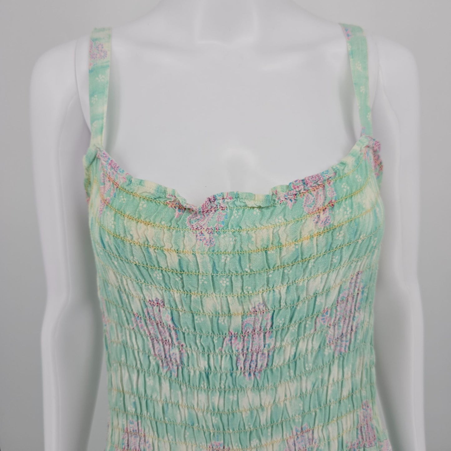 2000s Lati Fashion Pastel Watercolor Smocked Drop Waist Midi Boho Sundress (L)