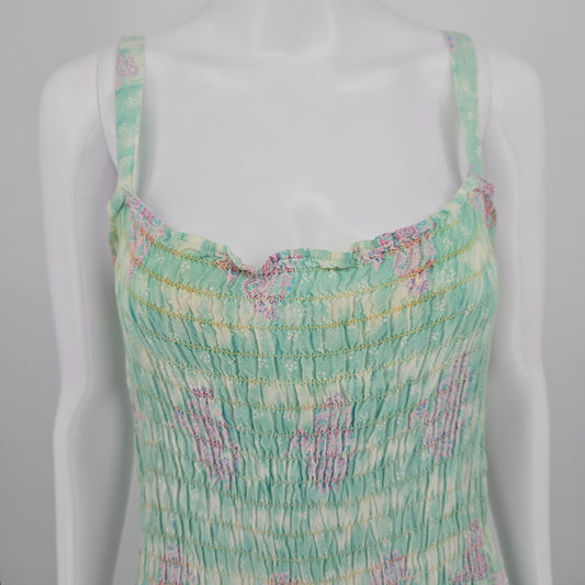 2000s Lati Fashion Pastel Watercolor Smocked Drop Waist Midi Boho Sundress (L)