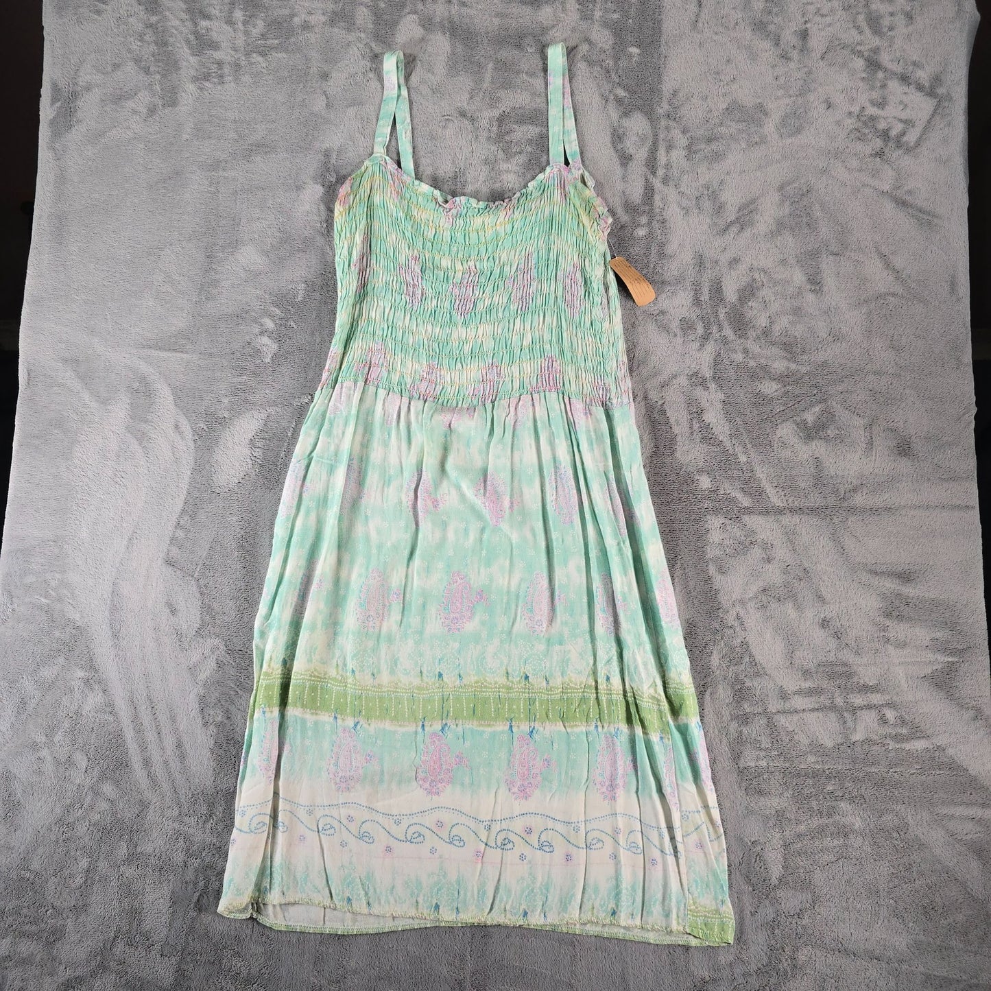 2000s Lati Fashion Pastel Watercolor Smocked Drop Waist Midi Boho Sundress (L)