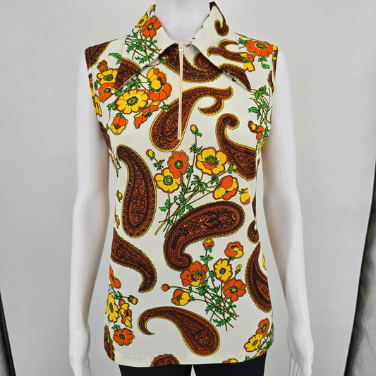 Vintage 1960s Laura Mae Life Press Paisley Print Quarter-Zip Mod Shell (M)