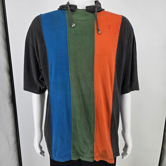 Vintage 1990s Koman Red/Orange/Green Colorblock Short Sleeve Hooded T-Shirt (XL)