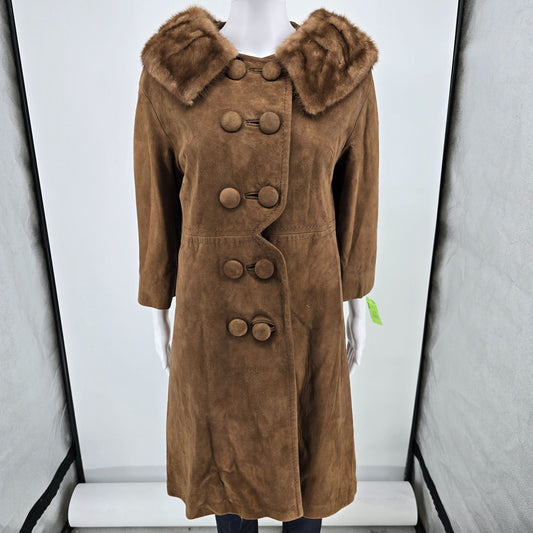 Vintage 1960s Unbranded Fur Collar Double-Breasted Suede Mod Coat (Women's M)
