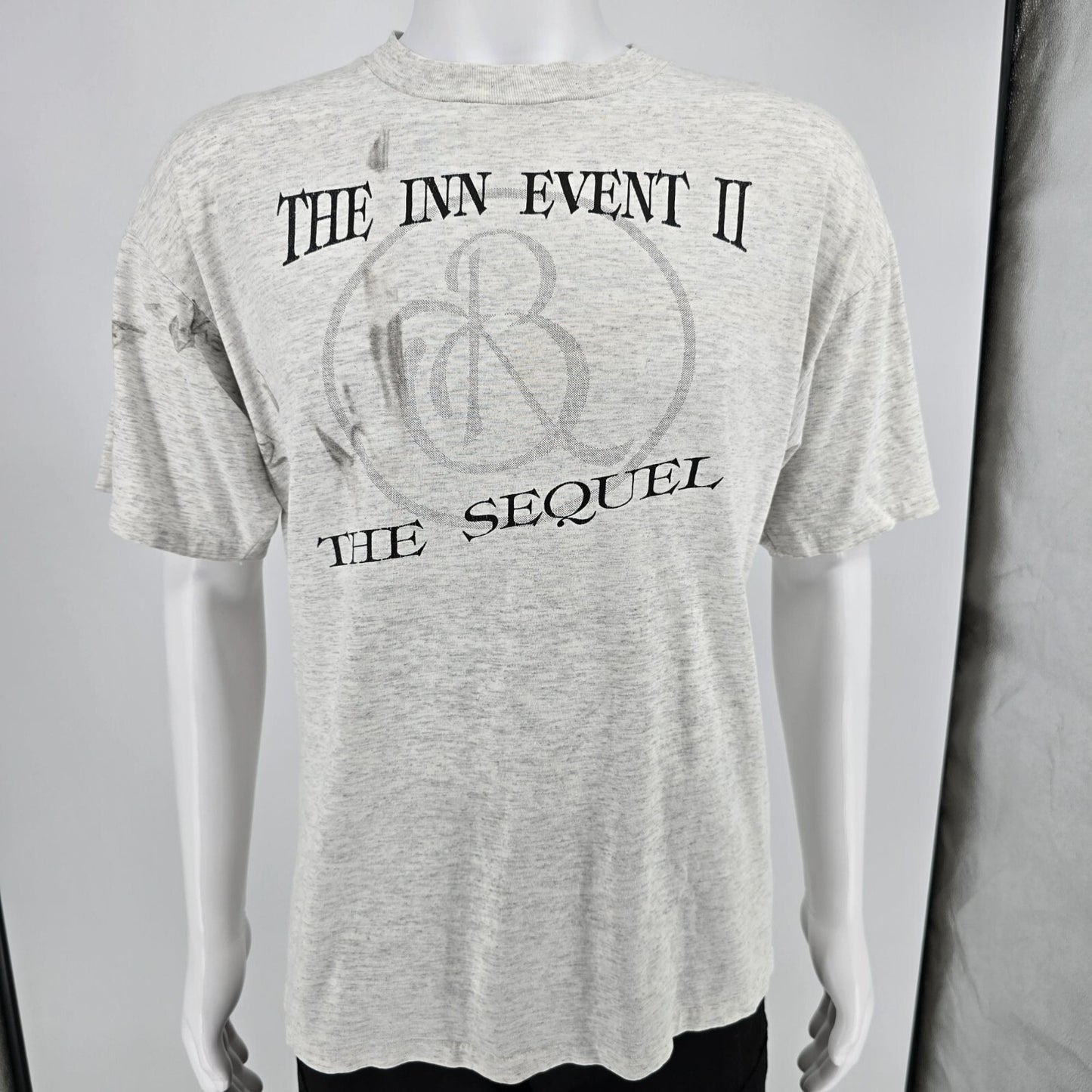 Distressed Vintage 1990s Oneita "The Inn Event II: The Sequel" Gray T-Shirt (XL)