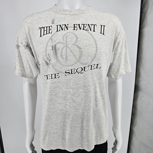 Distressed Vintage 1990s Oneita "The Inn Event II: The Sequel" Gray T-Shirt (XL)