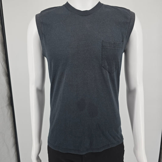 Vintage Early 1980s Pocket Muscle Faded Black Blank Sleeveless T-Shirt (M)