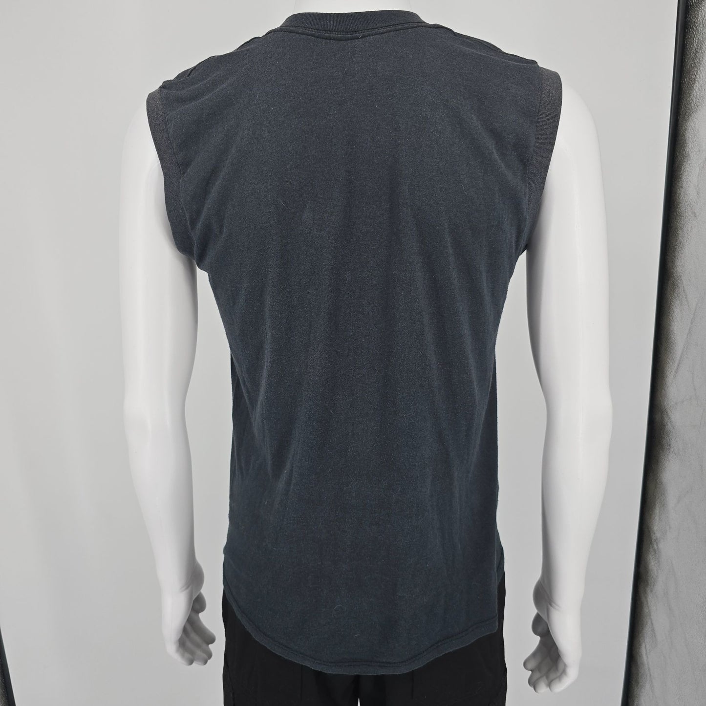 Vintage Early 1980s Pocket Muscle Faded Black Blank Sleeveless T-Shirt (M)