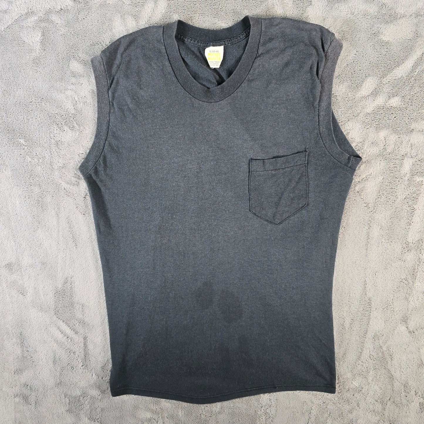 Vintage Early 1980s Pocket Muscle Faded Black Blank Sleeveless T-Shirt (M)