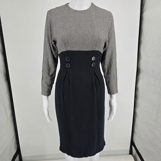Vintage 1990s Courtney Rhodes Houndstooth Colorblock Secretary Sheath Dress (XS)