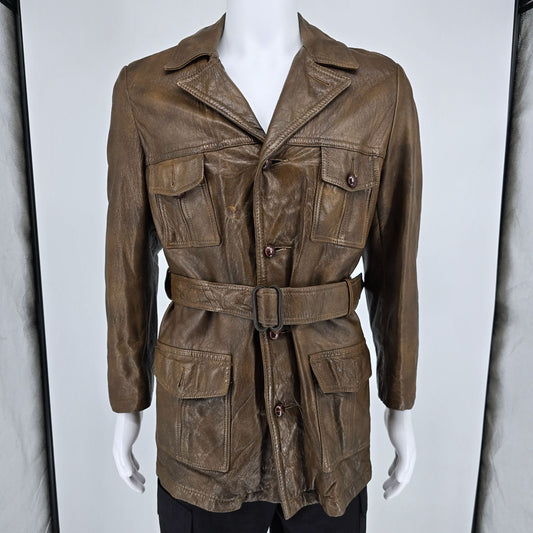 Vintage 1970s Unbranded Made in USA 4-Pocket Brown Leather Safari Jacket (Small)