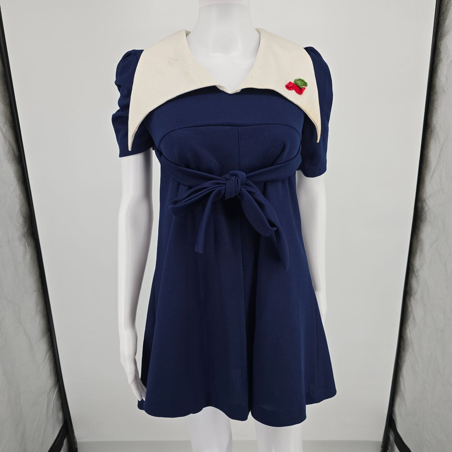 Vintage 1970s Navy Blue/White Cherry Applique Mod Babydoll Mini Dress (Small)