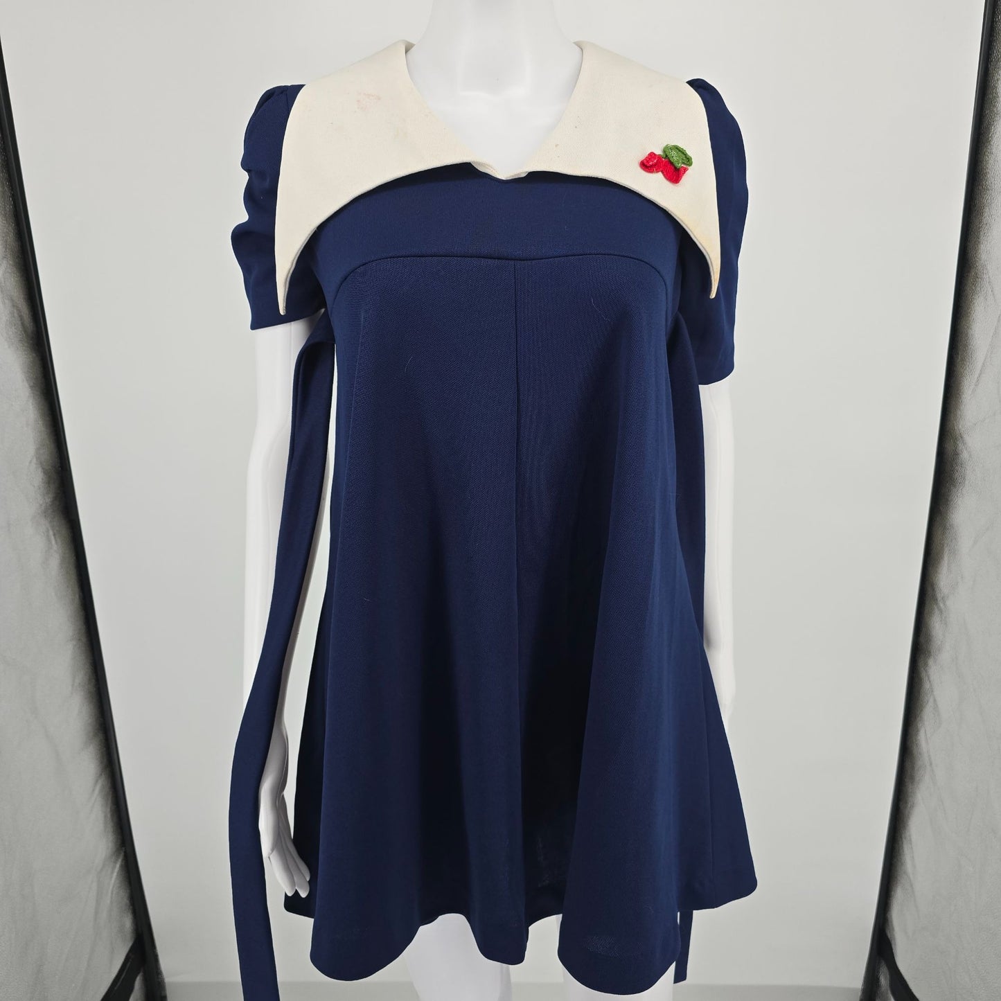 Vintage 1970s Navy Blue/White Cherry Applique Mod Babydoll Mini Dress (Small)