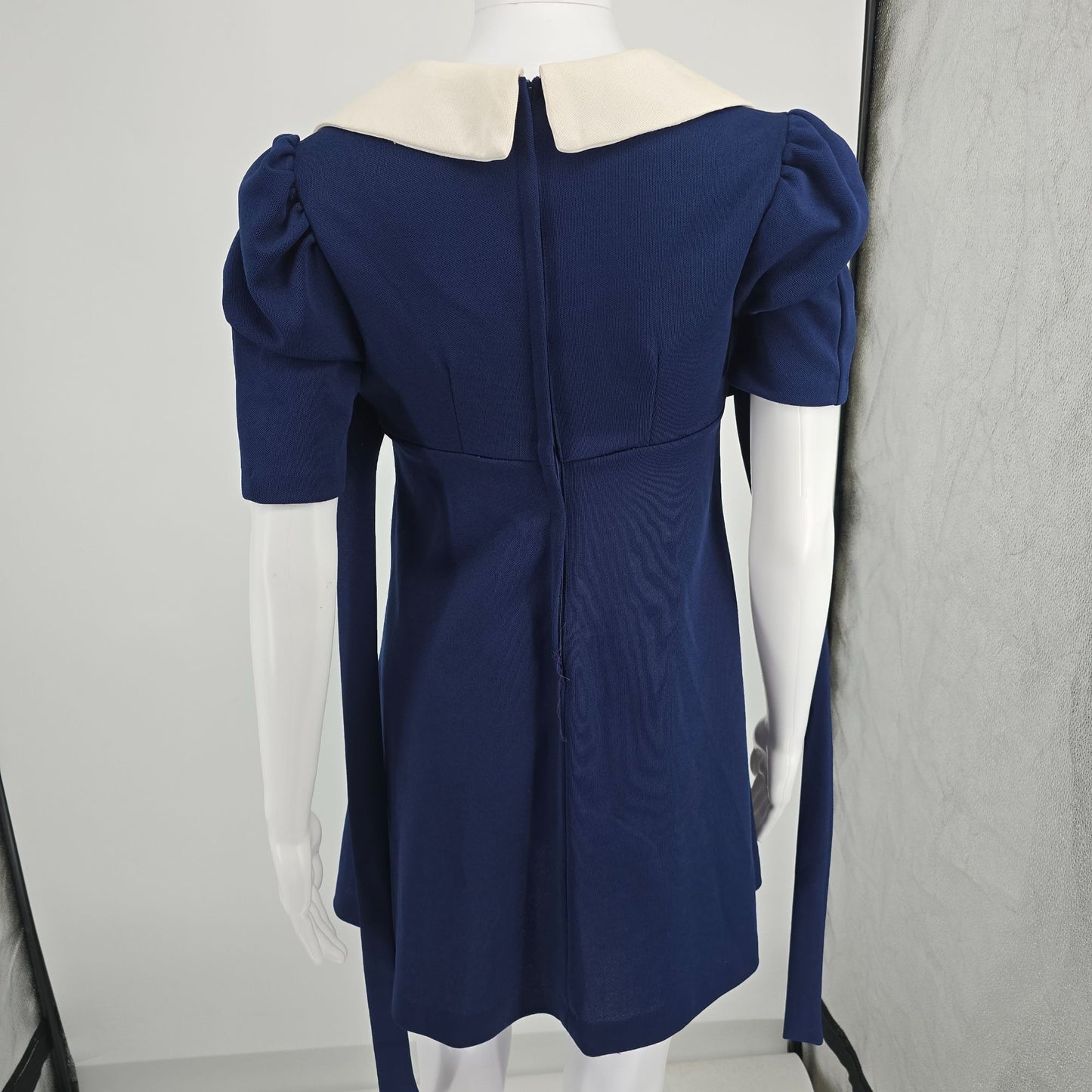 Vintage 1970s Navy Blue/White Cherry Applique Mod Babydoll Mini Dress (Small)